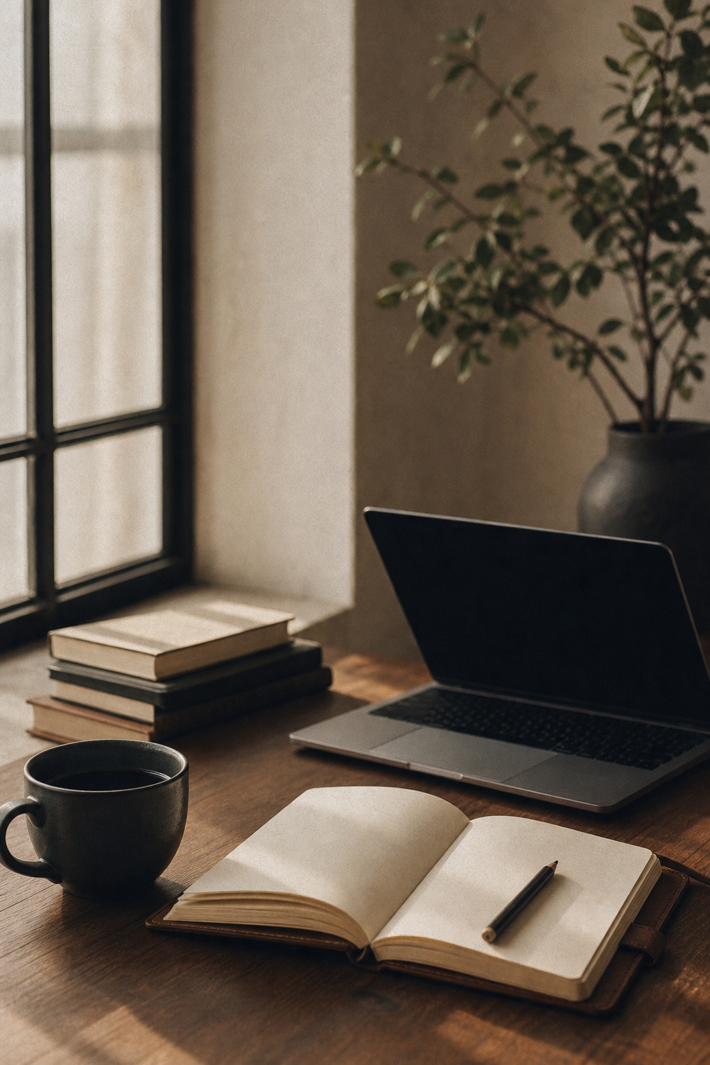 Desk with notebook and laptop for continuous learning