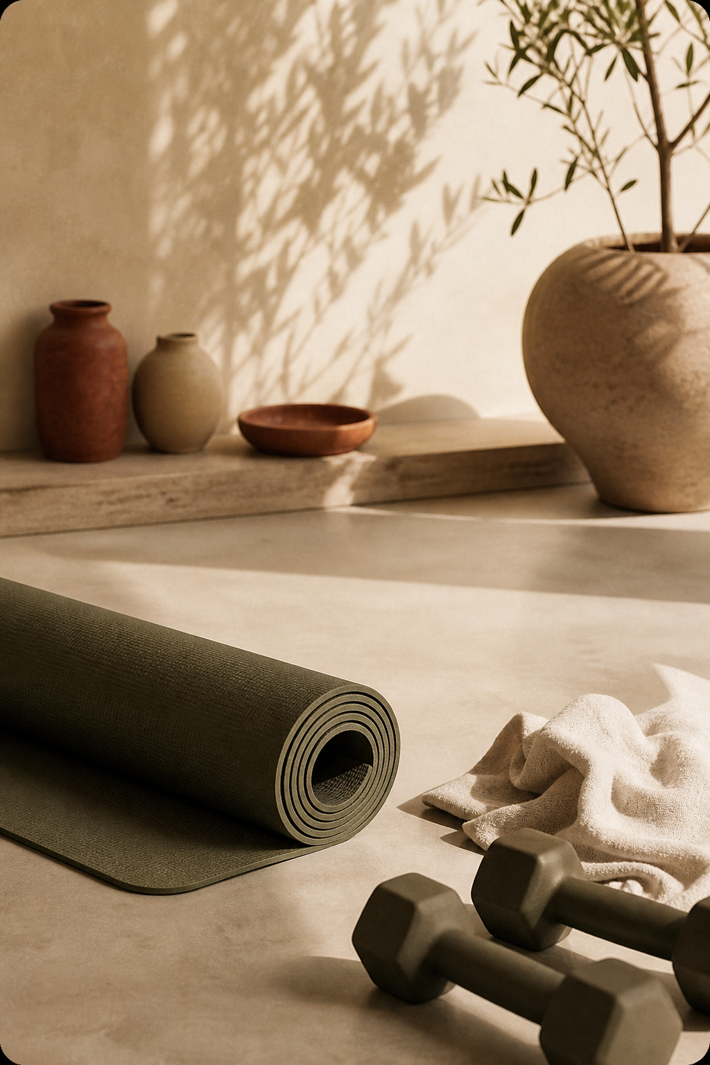 Yoga mat and strength training still life